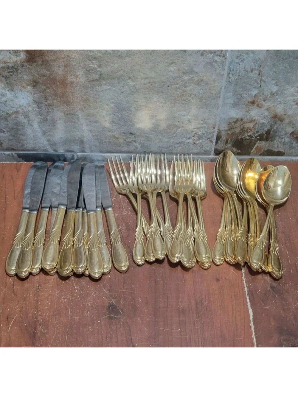 36 Piece Classic Plume Gold Electroplated Flatware Marked Stainless Steel Korea